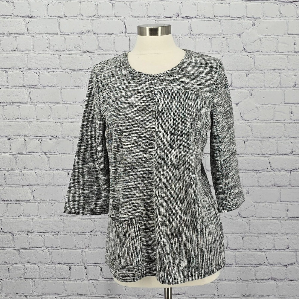 Chico's Tunic Women Large Black White Tweed Pullover 3/4 Sleeve Relaxed Fit Art